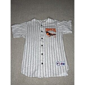 VTG Baltimore Orioles Button Up Pin Stripe Retro Logo Jersey Sz M USA Majestic